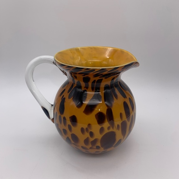 Gold & Spotted Black Hand Blown Glass Pitcher With Crystal Handle 7” - Picture 6 of 16